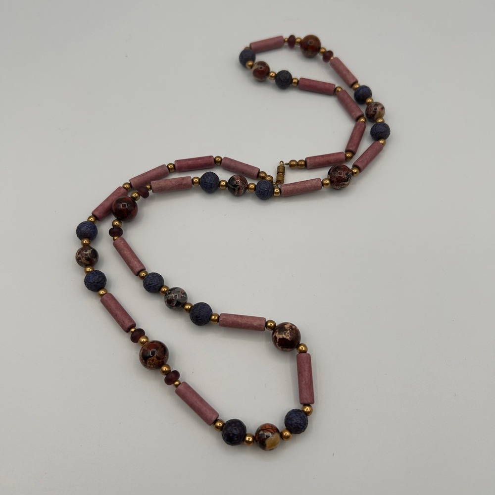 Boho Beaded Necklace Mauve‎ Jasper Lava Rock Gold Tone Barrel Clasp 28"